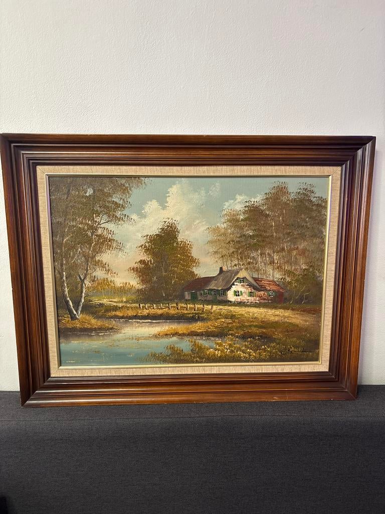 Olieverfschilderij Landschap met Boerderij en Water, Ophalen of Verzenden