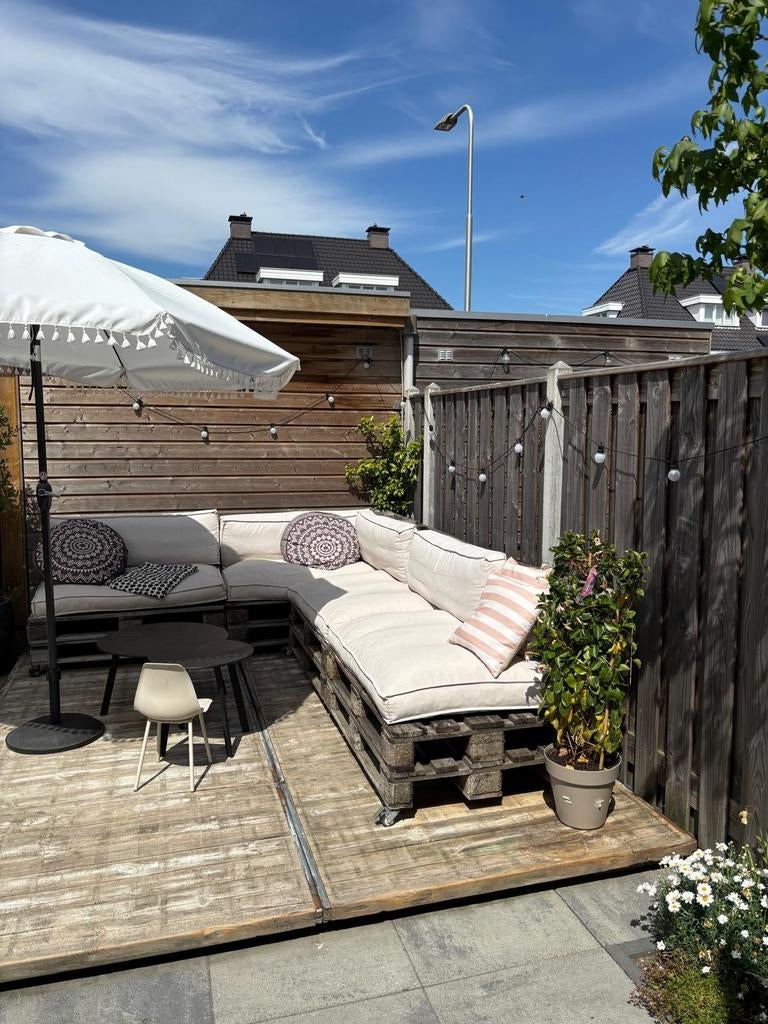 Beige pallet kussens gebruikt, Tuin en Terras, Ophalen of Verzenden, Gebruikt, 5 zitplaatsen, Loungeset
