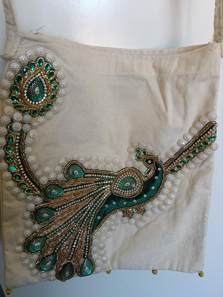 Uniek Indiaas Katoenen Tasje met Pauw en Kraaltjes (26x28cm), Ophalen of Verzenden, Nieuw, Beige