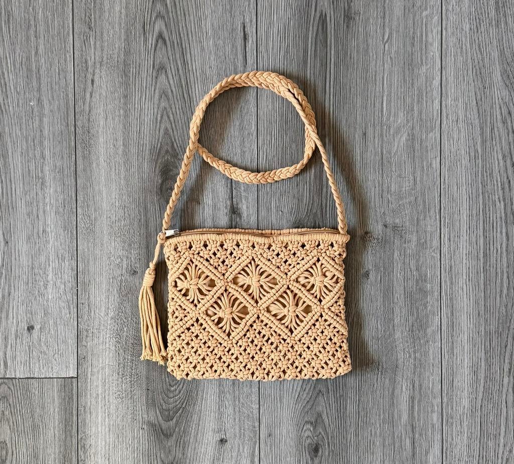 Beige macramé look tasje, Verzenden, Nieuw, Beige, Schoudertasje