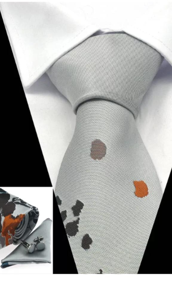 100% Zijde stropdas Pochet Manchetknopen Grijs Oranje NIEUW, Ophalen of Verzenden, Nieuw, Oranje, Met patroon