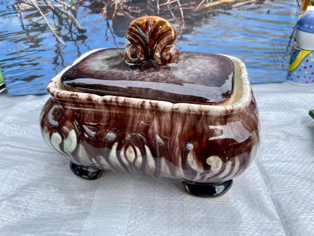Vintage Bruine Keramische Pot met Deksel - Decoratief, Antiek en Kunst, Antiek | Keramiek en Aardewerk, Ophalen of Verzenden