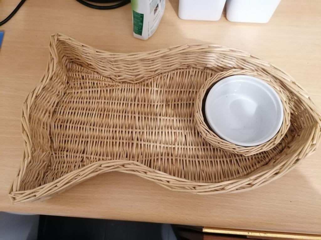 Rieten visschaal met porseleinen bakje, Huis en Inrichting, Mand, Ophalen of Verzenden, Zo goed als nieuw, Riet