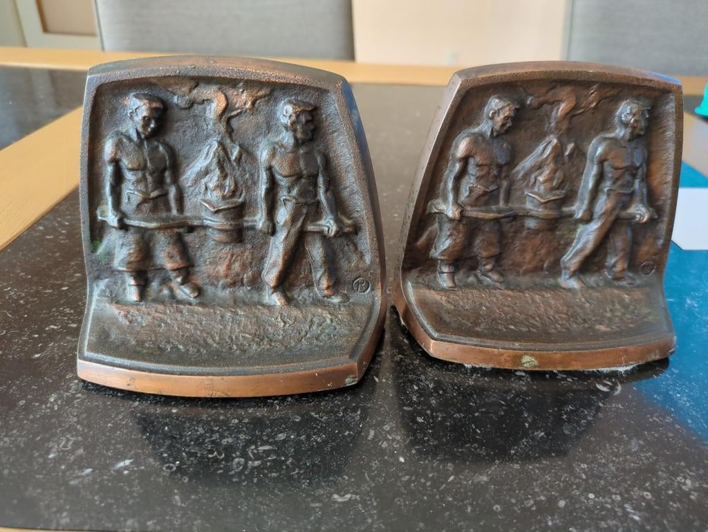 Vintage bronzen boekensteunen met mijnwerkersmotief, Ophalen of Verzenden