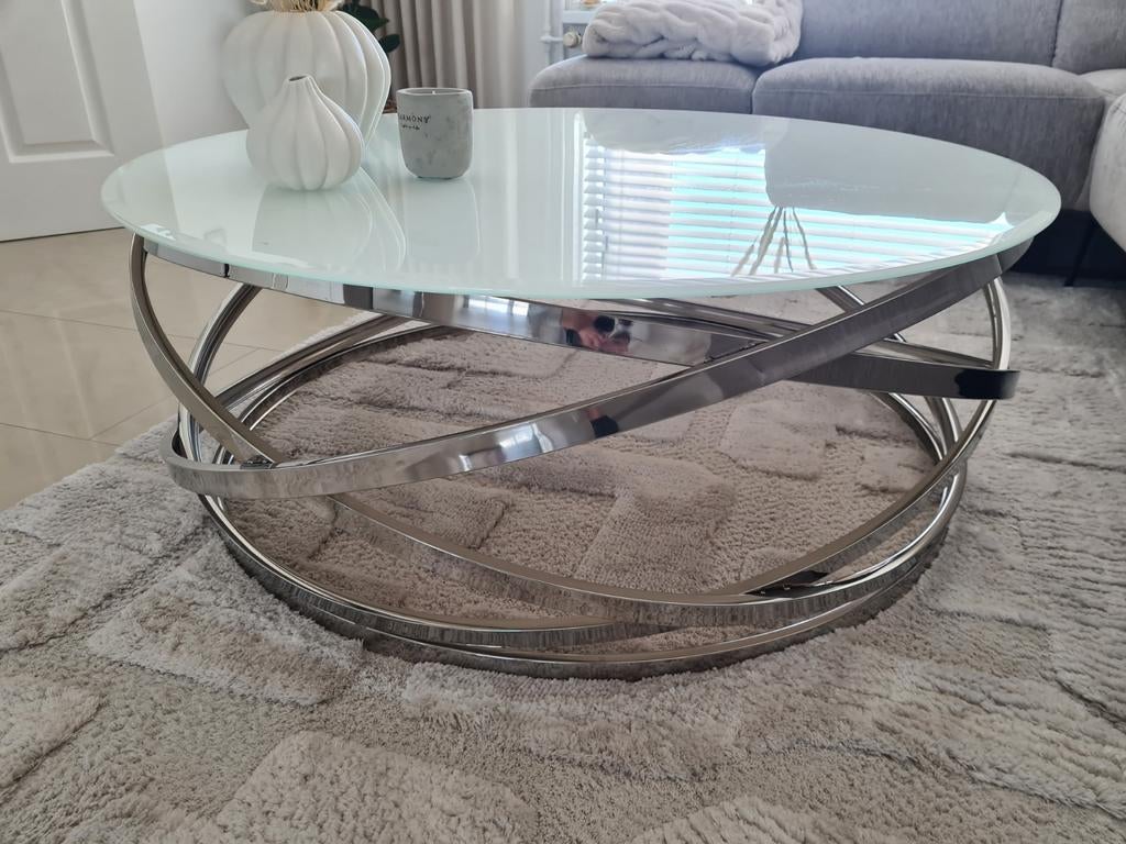 Moderne ronde salontafel wit glas, 100x40cm, 50 tot 100 cm, Rond, Zo goed als nieuw, Glas