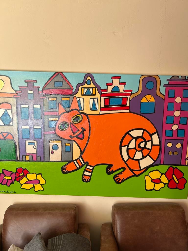 Vrolijk Schilderij: Oranje Kat in de Stad, Antiek en Kunst, Ophalen of Verzenden