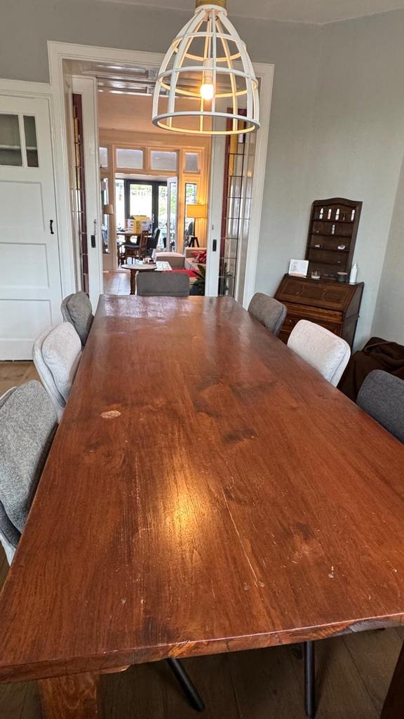 Grote massief houten eettafel voor 8 personen, Ophalen, Gebruikt, 100 tot 150 cm, 200 cm of meer