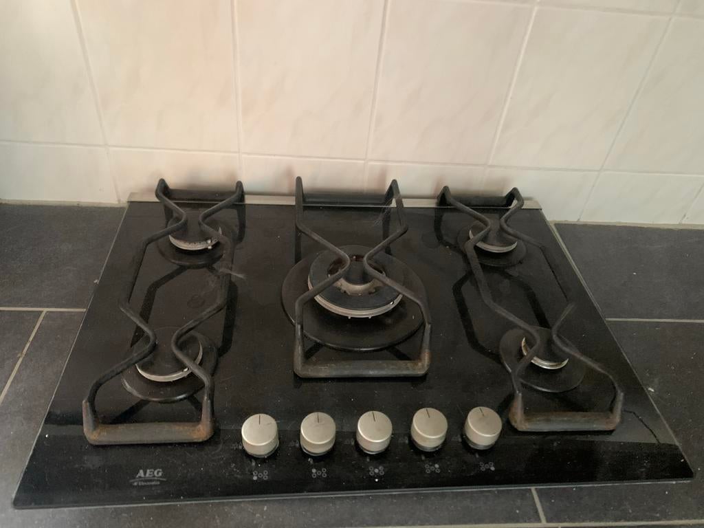 AEG Inbouw Gasfornuis - 5 Pitten - Zwart Glas, Witgoed en Apparatuur, Fornuizen, Ophalen, Gebruikt, Minder dan 85 cm, 60 cm of meer