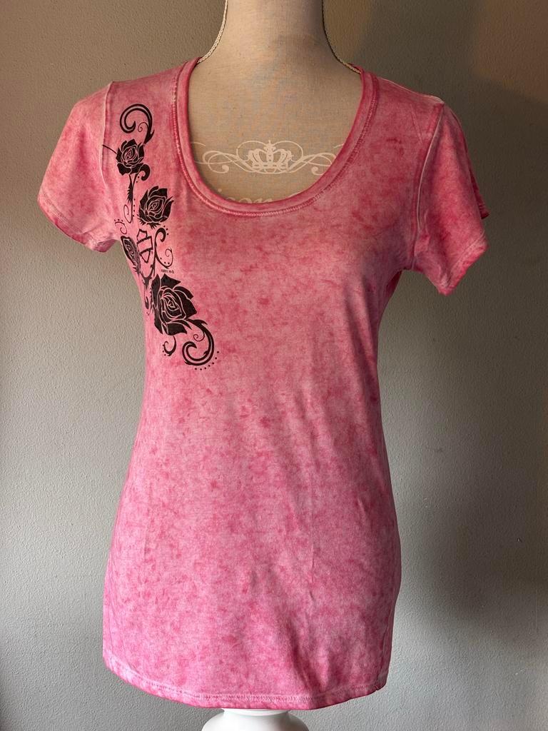 Harley-Davidson "Rhinestone & Roses" T-shirt - Roze, Maat S, Ophalen of Verzenden, Zo goed als nieuw, Korte mouw, Roze