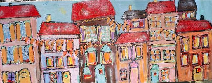 Levendig Stadsgezicht: Kleurrijke Huizen Kunst, Antiek en Kunst, Kunst | Schilderijen | Modern, Ophalen of Verzenden