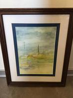 Schilderij met kerk en boot, gesigneerd C. Backx, Ophalen of Verzenden