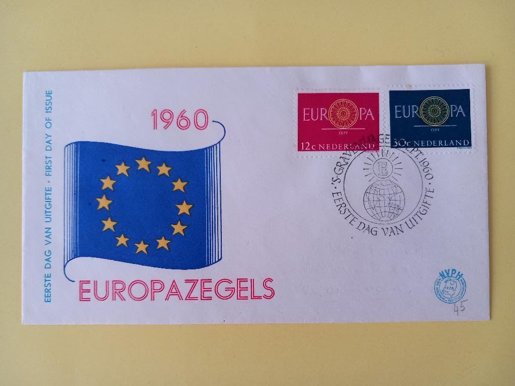 1960 Europazegels FDC E45 met open klep e3, Postzegels en Munten, Postzegels | Eerstedagenveloppen, Verzenden, Beschreven, Nederland