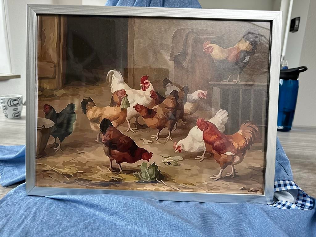 Schilderij kippenhok met kippen en hanen, Huis en Inrichting, Woonaccessoires | Schilderijen, Tekeningen en Foto's, Ophalen of Verzenden