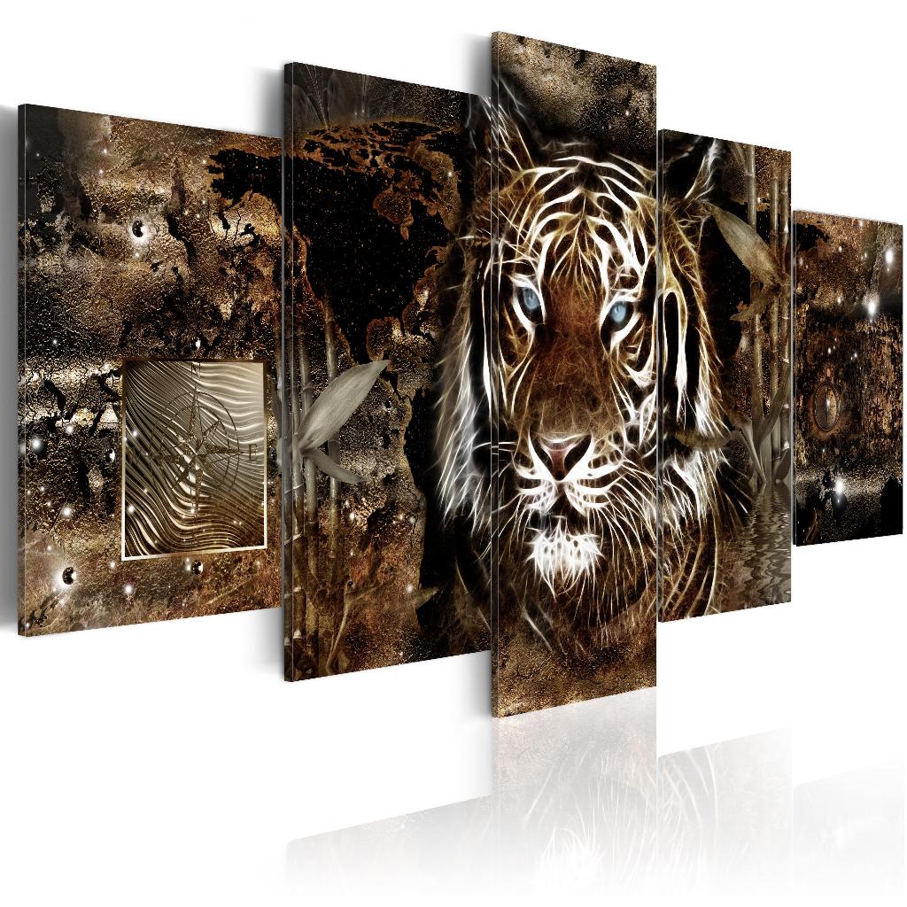 930 Leeuw Afrika 5 Luik Canvas Schilderij 200x100cm XXL, Antiek en Kunst, Kunst | Schilderijen | Klassiek, Ophalen of Verzenden