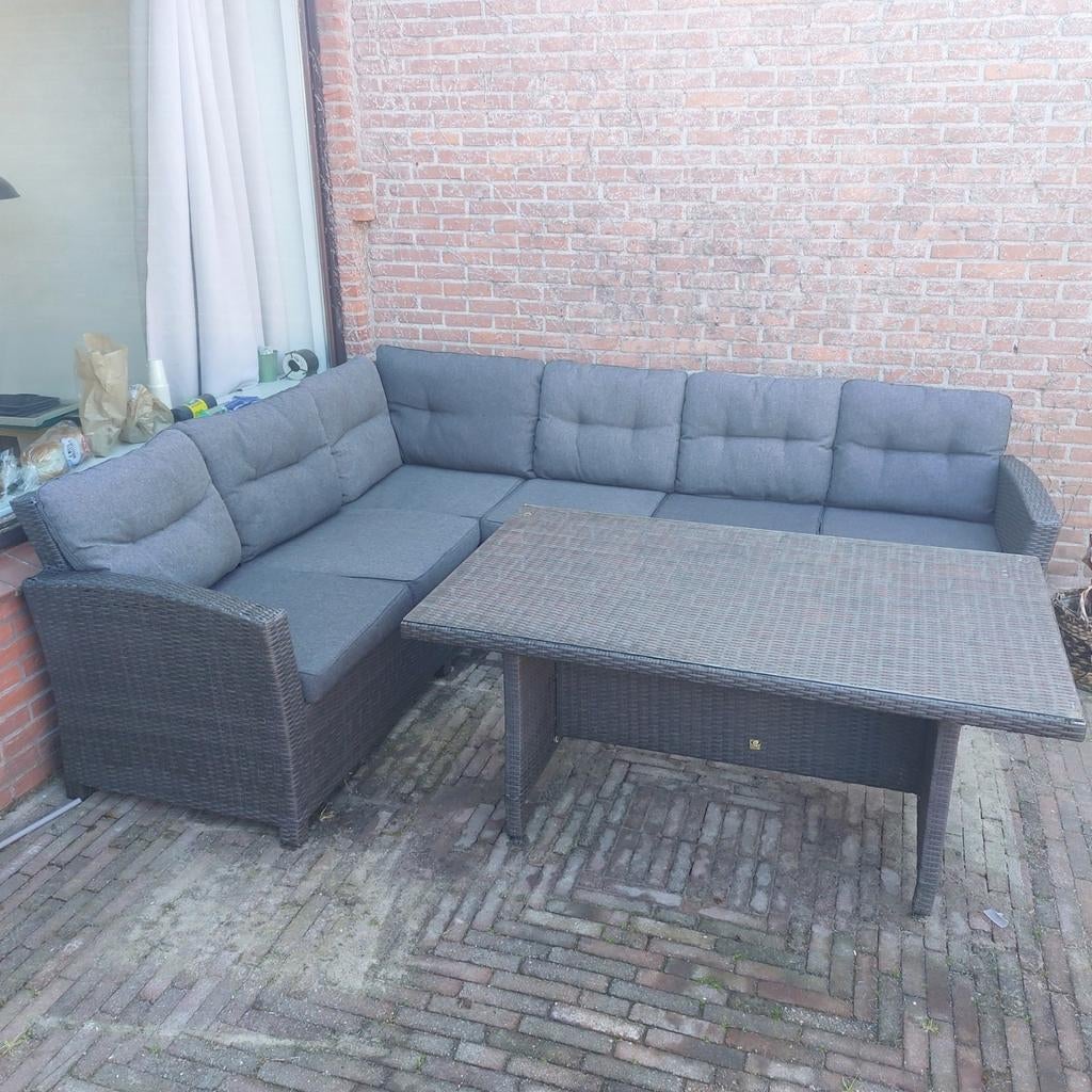 Mooie en fijne loungeset hoekbank met tafel, Tuin en Terras, Ophalen, Zo goed als nieuw, Wicker, Loungeset