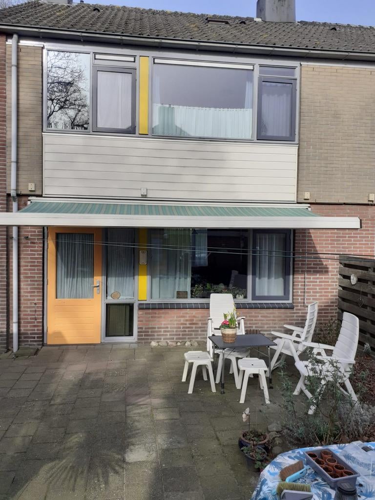 Knikarm zonnescherm 5m breed, 2.80m uitval, handslinger, Gebruikt, 450 cm of meer, Ophalen of Verzenden, Knikarmscherm