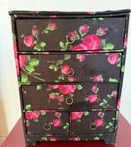 Grote brocante roos retro stof sieraden doos laatjes Frans, Ophalen of Verzenden