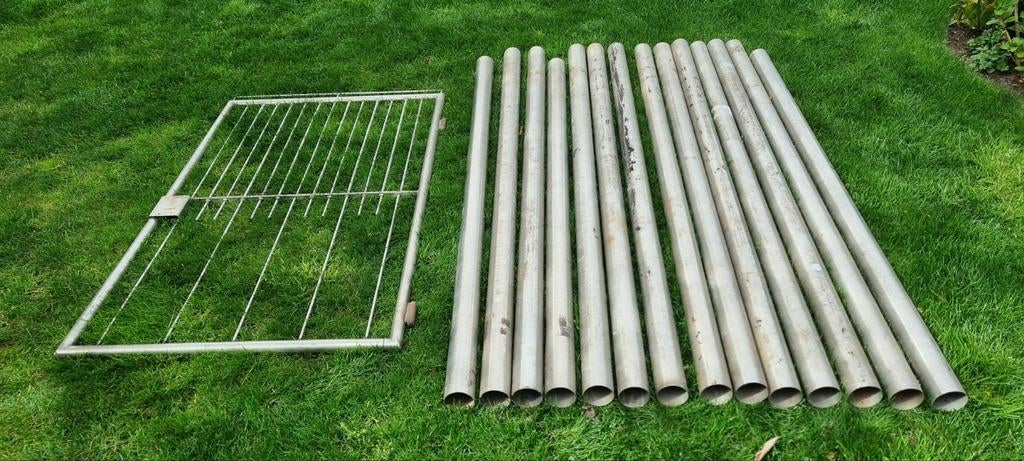 14 Rvs / roestvrijstaal pijpen en poort, Dieren en Toebehoren, Hondenhokken, Ophalen, Hondenkennel, 110 cm of meer, 100 cm of meer