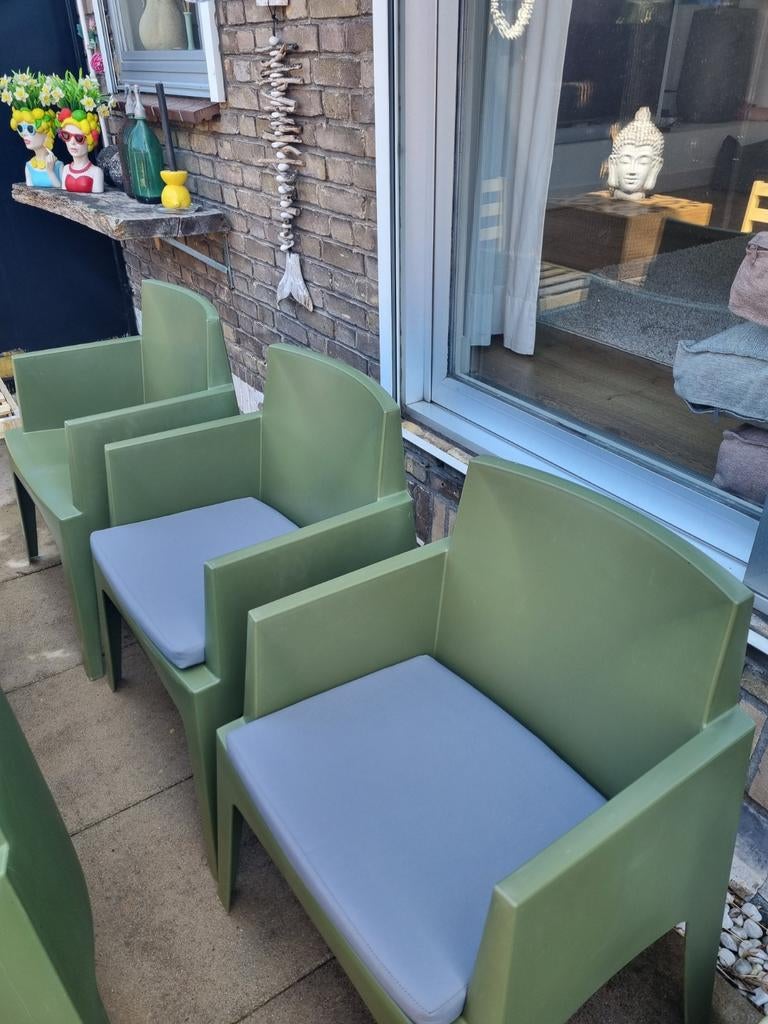 5 kunststof Box tuinstoelen inclusief 4 originele kussens, Ophalen, Gebruikt, Kunststof