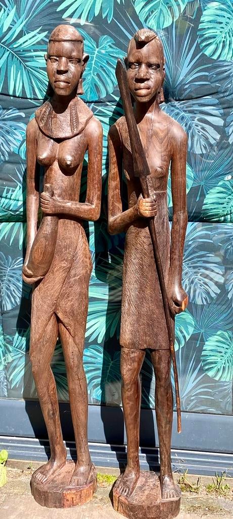 Vintage Masai sculpturen uit Kenia. Man + vrouw, Ophalen, 50 - 100 cm, Handgemaakt, Hout