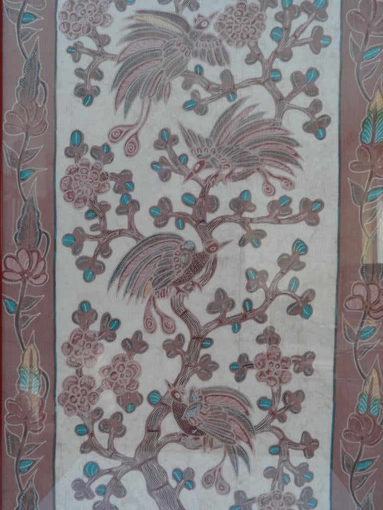 Batik doek vogels in boom, sign. Sedgo, in lijst, Indonesie, Verzenden