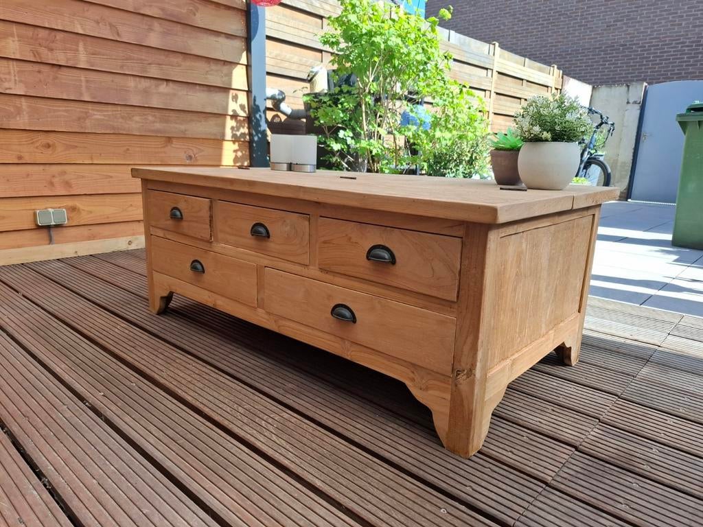Salontafel Teakhout  met lades en opbergruimte, Ophalen, Gebruikt, 100 tot 150 cm, Teakhout