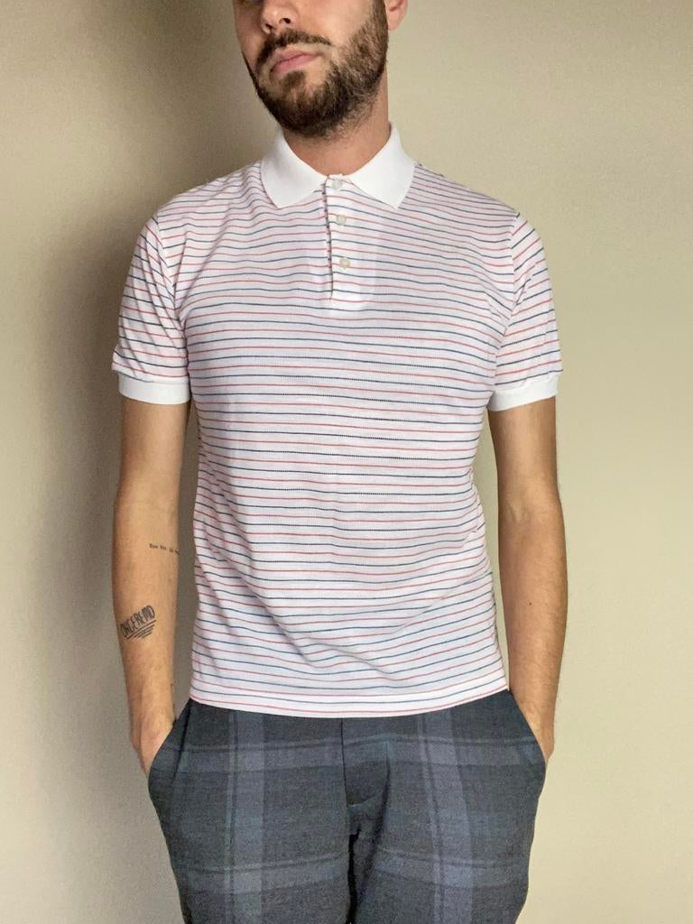 Vintage polo - wit - blauw / rood gestreept - s/small, Hgv, Hgv, Ophalen of Verzenden, Gedragen