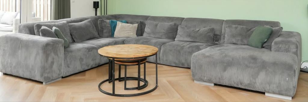 Hoekbank/loungebank corduroy (ribstof) antraciet met kussens, Huis en Inrichting, Banken | Bankstellen, Ophalen, Gebruikt, Hoekbank