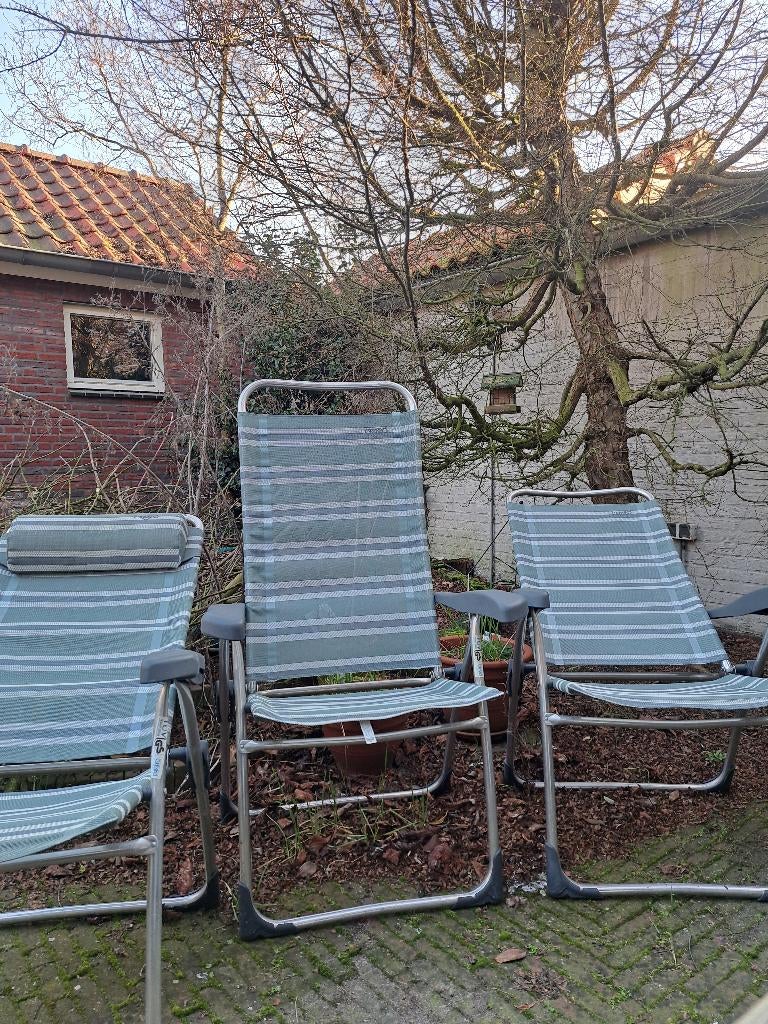 Crespo Camping Set COMPLEET: 4 Stoelen + Tafel + Voetsteunen, Ophalen, Gebruikt, Campingstoel