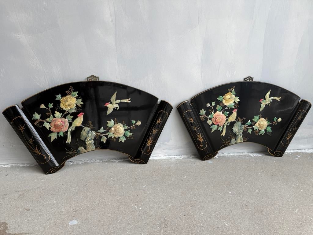 Vintage Chinese hanging fans mother of pearl wall art piece, Ophalen, Gebruikt, Schilderij, 75 tot 100 cm