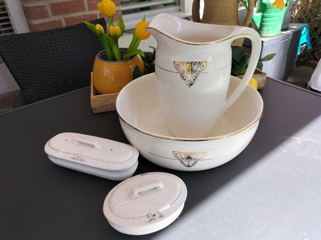 Antieke waskom en kan set met accessoires, Ophalen of Verzenden