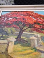 Schilderij met rode boom en waterpartij, Ophalen of Verzenden