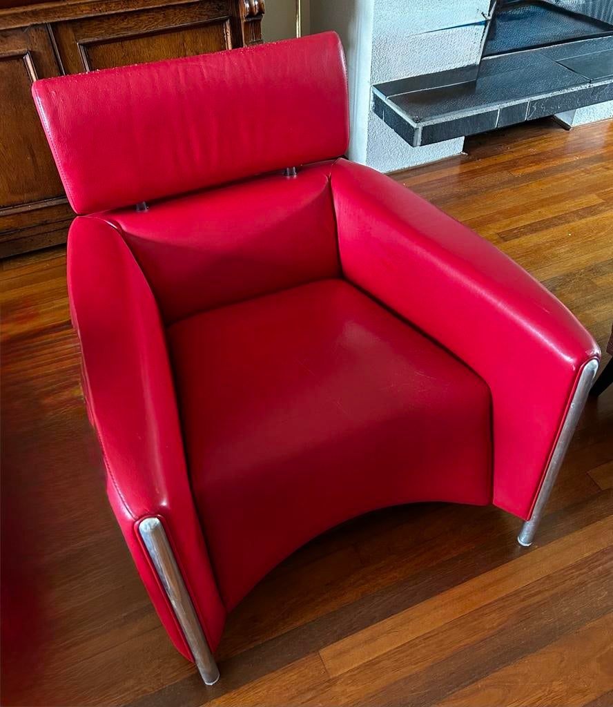 Rode leren Leolux fauteuil, Ophalen, Gebruikt, 50 tot 75 cm, Leer