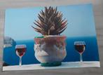Poster op Vinyl met Uitzicht op Zee, Plant en Wijnglas, 50 tot 75 cm, Ophalen of Verzenden, Zo goed als nieuw, Foto of Poster