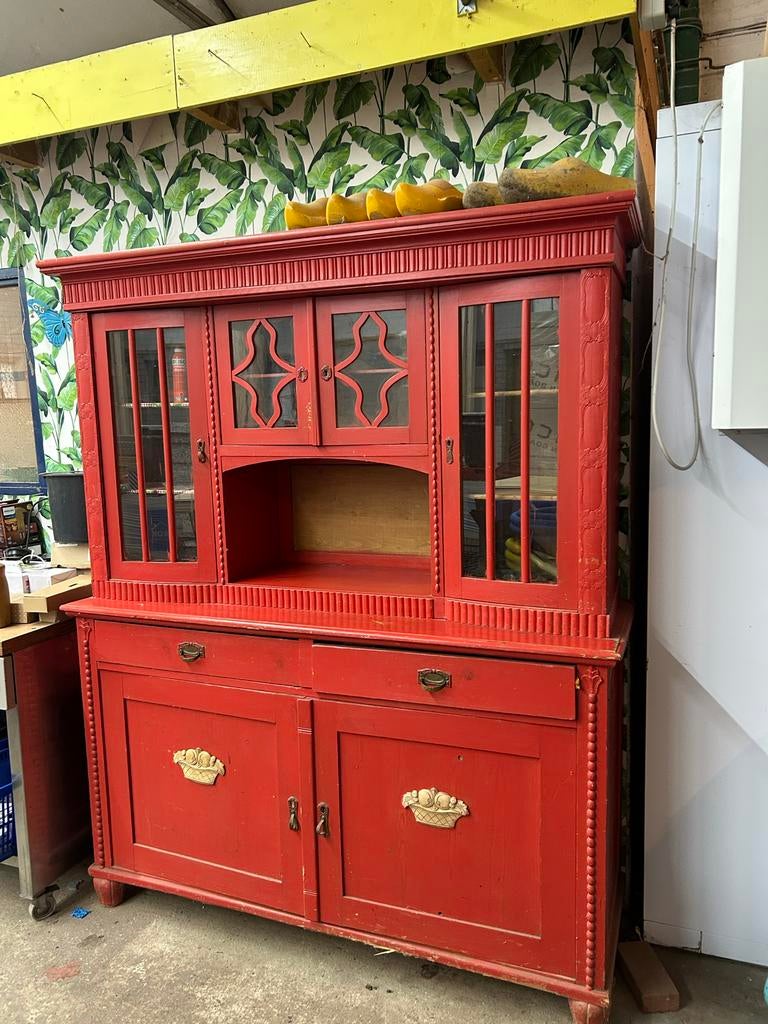 Antieke grenen boeren buffetkast - Rood, Ophalen