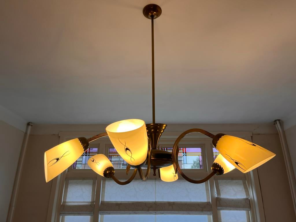 Vintage Plafond/Hanglamp,Melkwitte Kapjes en Bronzen Details, Antiek en Kunst, Ophalen