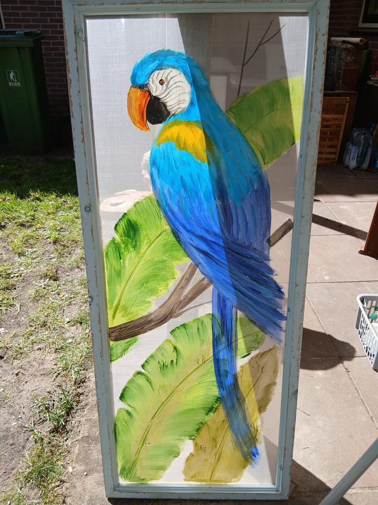 Twee kleurrijke papegaai schilderijen op mesh - Loods 5, Ophalen of Verzenden