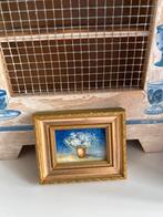 Miniatuur vintage schilderij boeket bloemen hortensia blauw, Antiek en Kunst, Ophalen of Verzenden