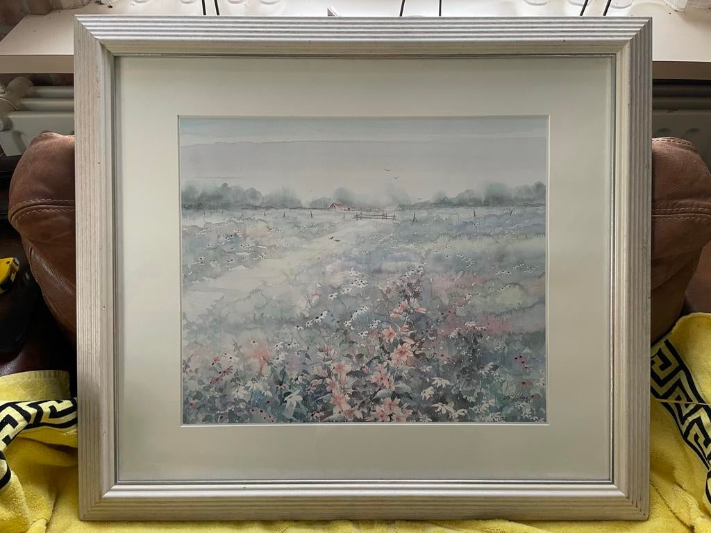Aquarel schilderij - Lichte tinten landschap, Antiek en Kunst, Kunst | Schilderijen | Klassiek, Ophalen of Verzenden