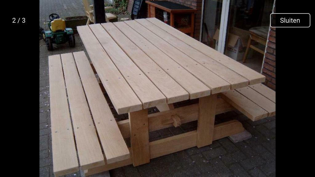 Picknicktafel handgemaakt eiken zwaar, Tuin en Terras, Picknicktafels, Ophalen, Zo goed als nieuw, Rechthoekig, Hout