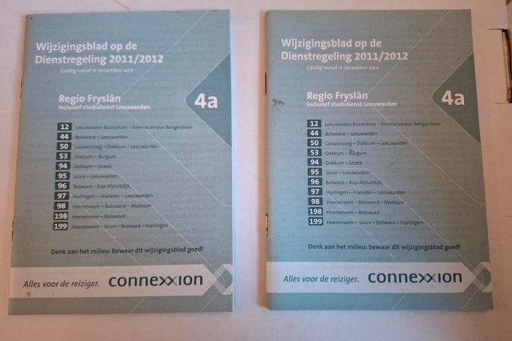 2x Wijzigingsblad Dienstreg Connexxion 2011/2012 Fryslâ, Verzamelen, Spoorwegen en Tramwegen, Gebruikt, Bus of Metro, Overige typen