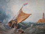 "Nederlandse Vissersboot in Ruwe Zee" – Jan van de Meer, Antiek en Kunst, Ophalen of Verzenden