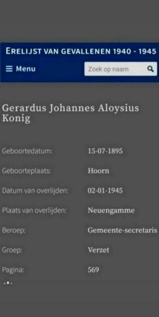 Konig Hoorn- Oss /WW2- Concentratiekamp Neuengamme WO2 WK2, Verzamelen, Bidprentjes en Rouwkaarten, Ophalen of Verzenden, Bidprentje