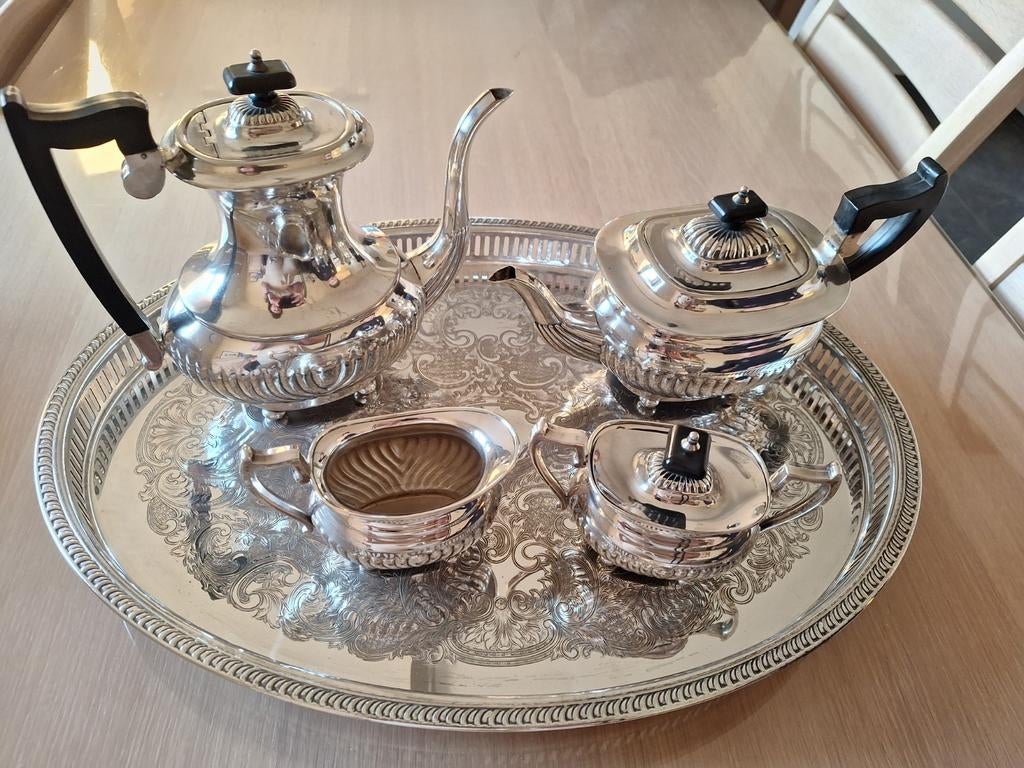 Antiek Verzilverd Theeservies met Dienblad, Ophalen, Zilver