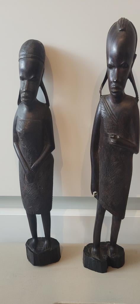 Set van 2 handgesneden Maasai ebbenhouten beelden, Ophalen of Verzenden