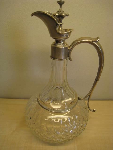 Kristallen karaf voor drank, met zilver beslag en handvat, Antiek en Kunst, Antiek | Glas en Kristal, Ophalen of Verzenden