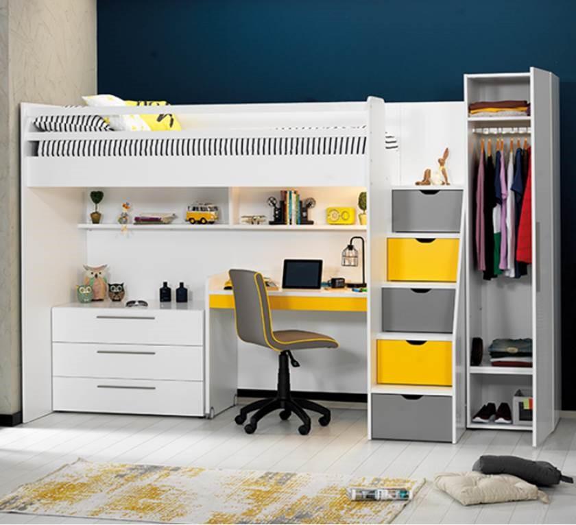 Neo hoogslaper met bureau en ladekast - 90x200 - Wit/geel, Niet ingevuld, Niet ingevuld, Niet ingevuld
