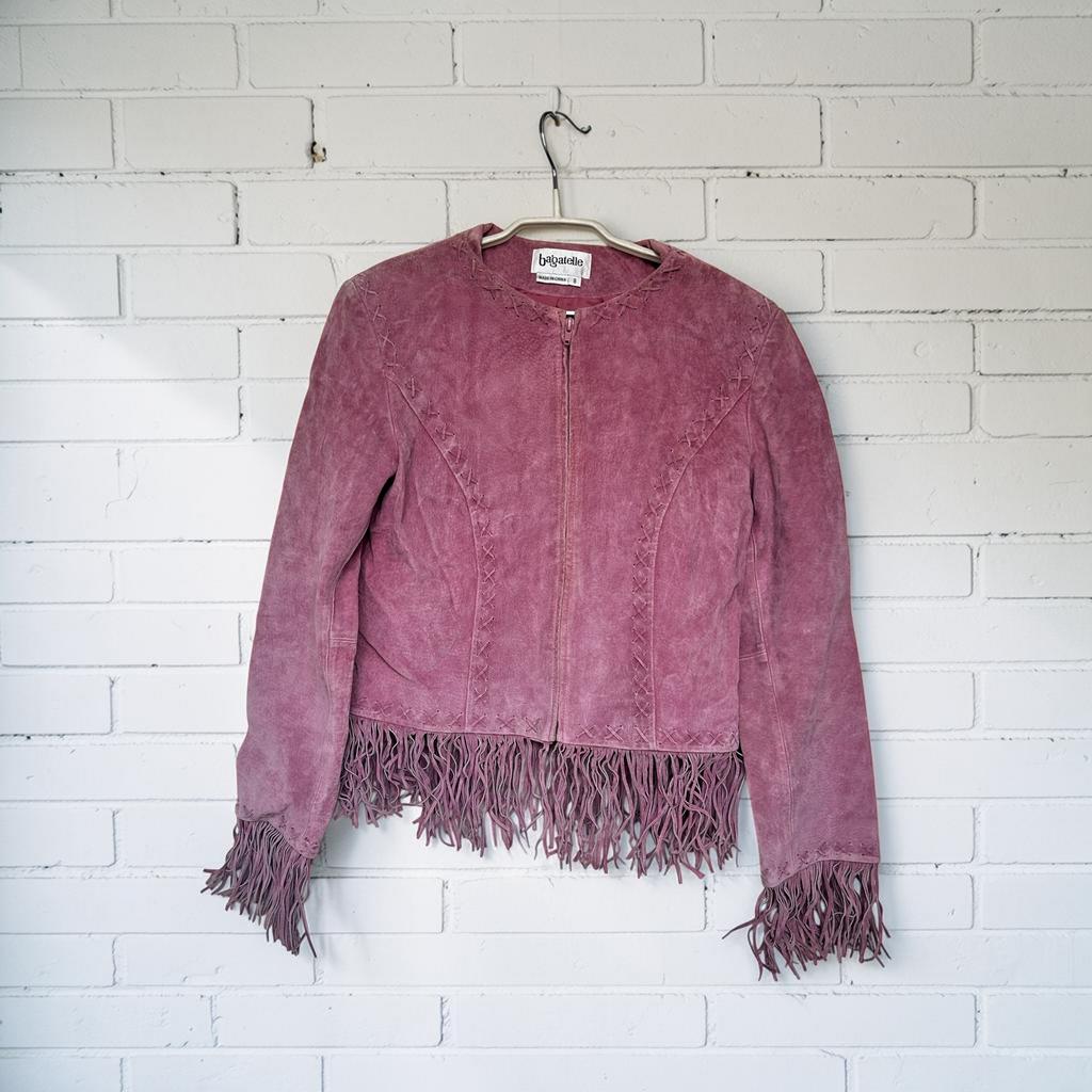 Vintage Jas Maat 8 Roze Suède Leer Franjes Bagatelle Hippie, Kleding | Dames, Jassen | Zomer, Bagatelle, Ophalen of Verzenden