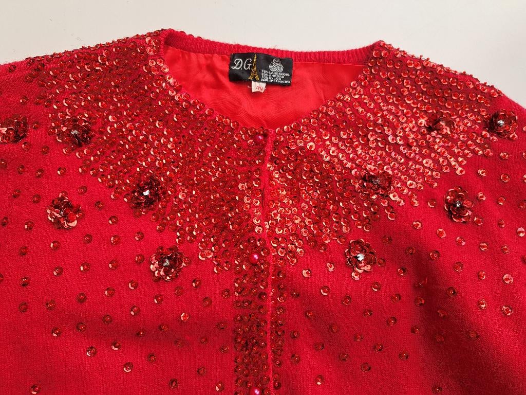 D.G. retro vintage rood vest met lovertjes, wol 40/42, D.G., Maat 42/44 (L), Ophalen of Verzenden, Zo goed als nieuw