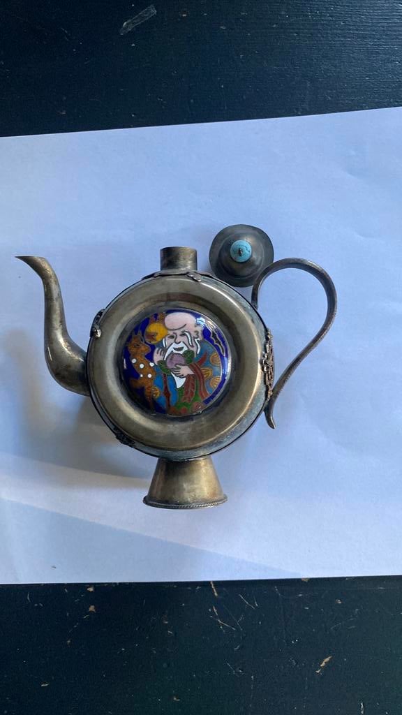 Antiek chinees theepotje metaal zilver? Steen , cloisonnee, Ophalen of Verzenden